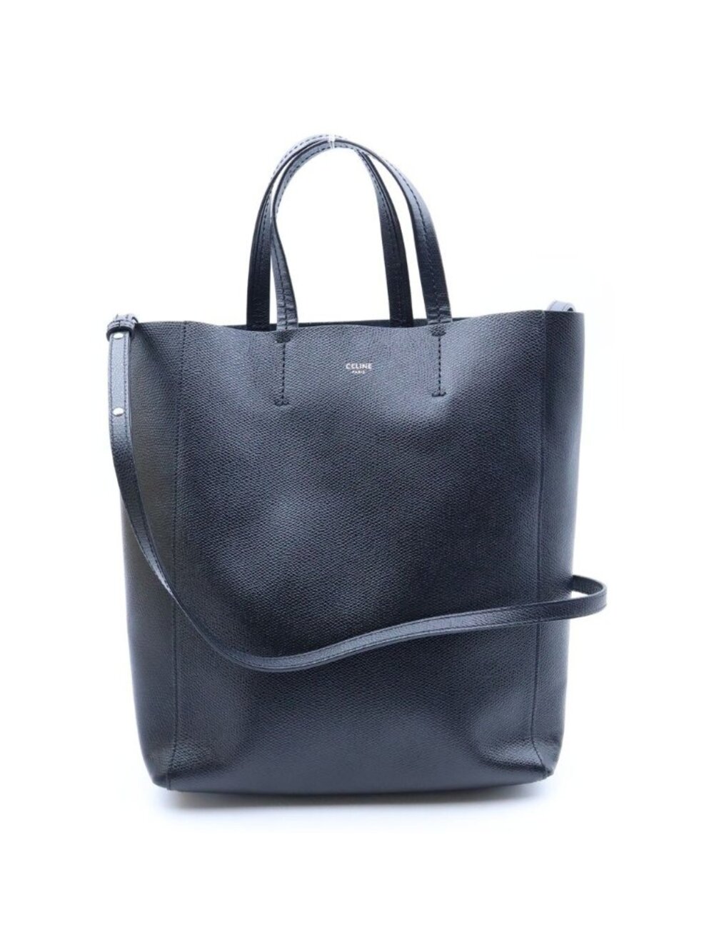 Celine Vertical Cabas Small 2-Way Shoulder Bag Tote Black Leather Silver